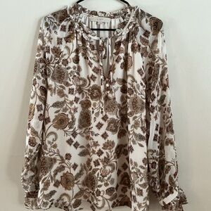 LOFT Women's Floral Cream and Brown Blouse